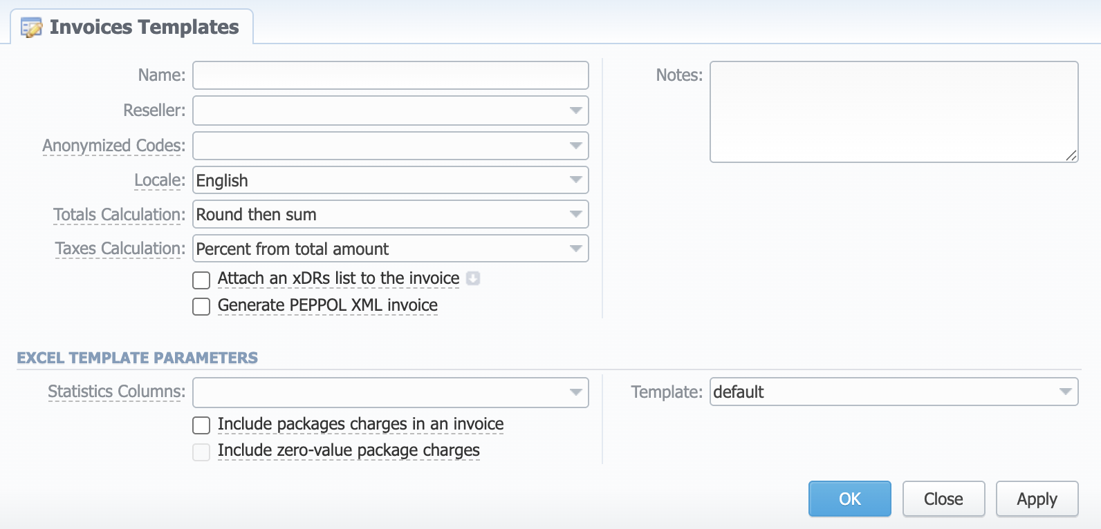 New XLS invoice template creation form