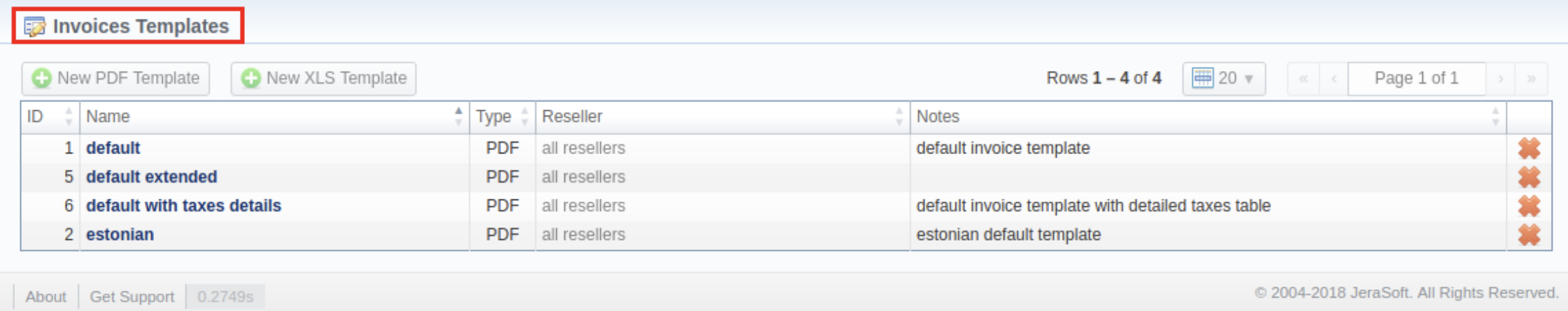 Invoices Templates section main window