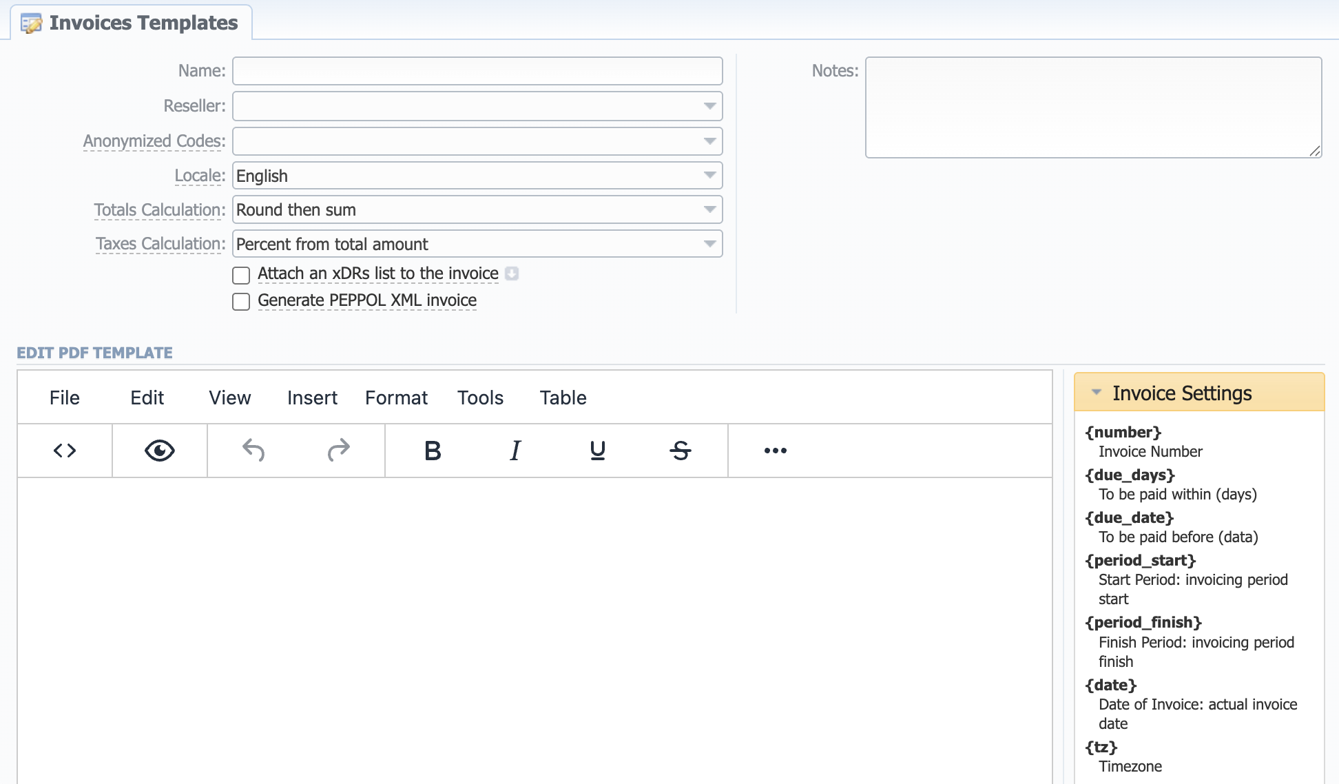 New PDF invoice template creation form