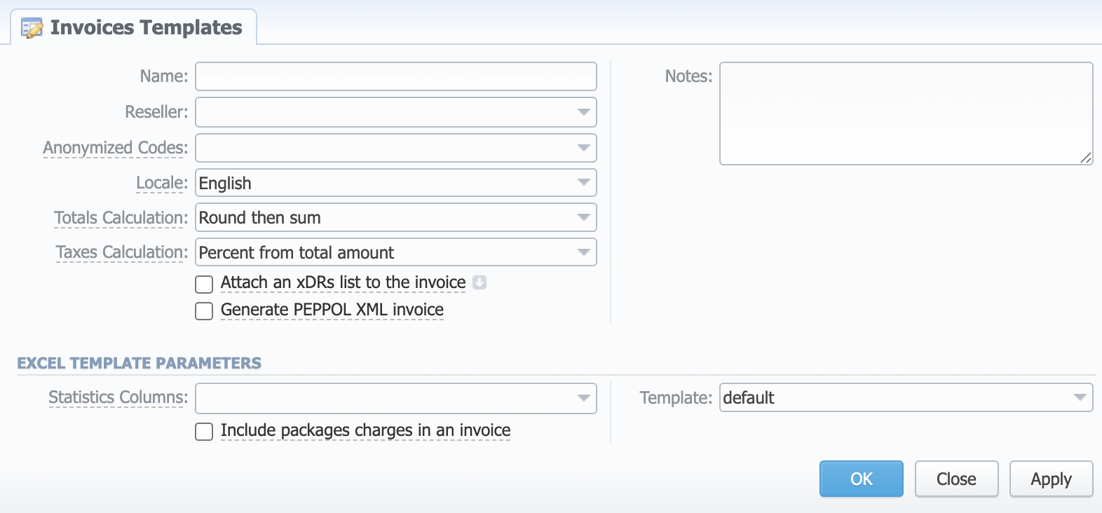 New XLS invoice template creation form