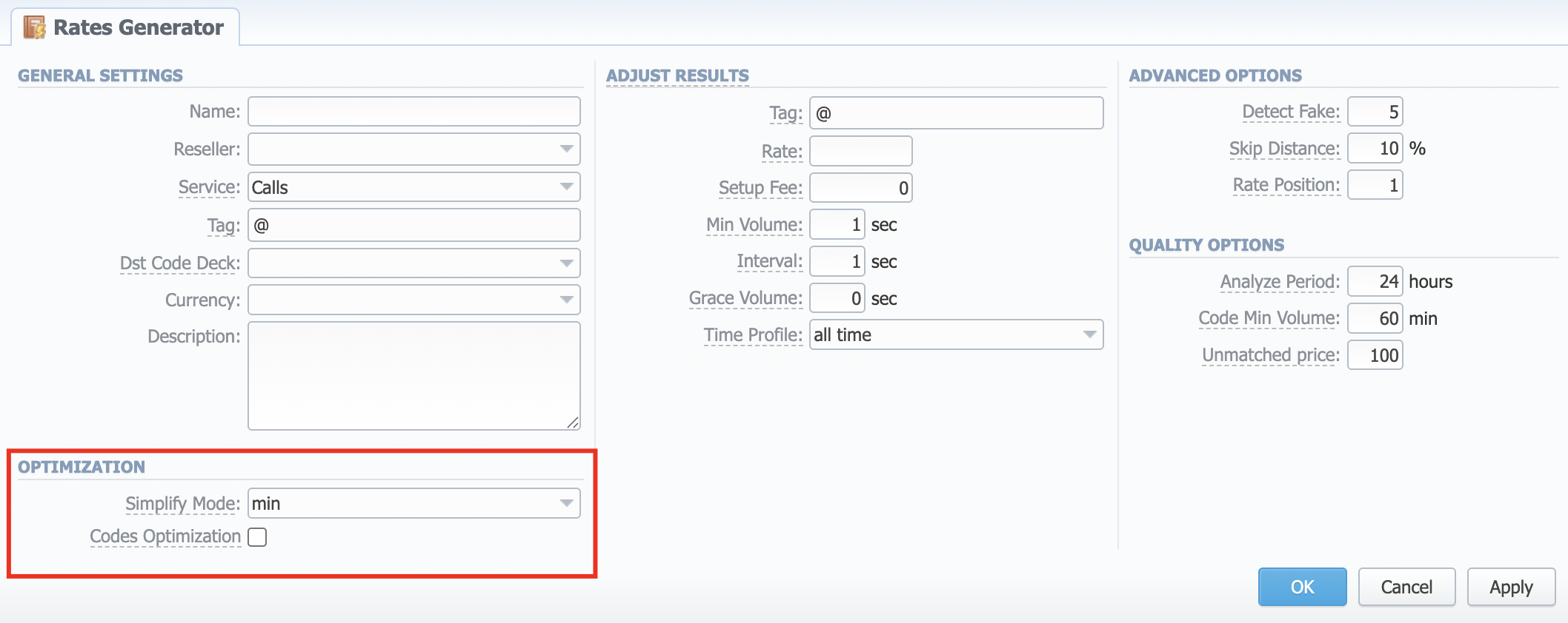 Rates Generator form/Optimization checkbox