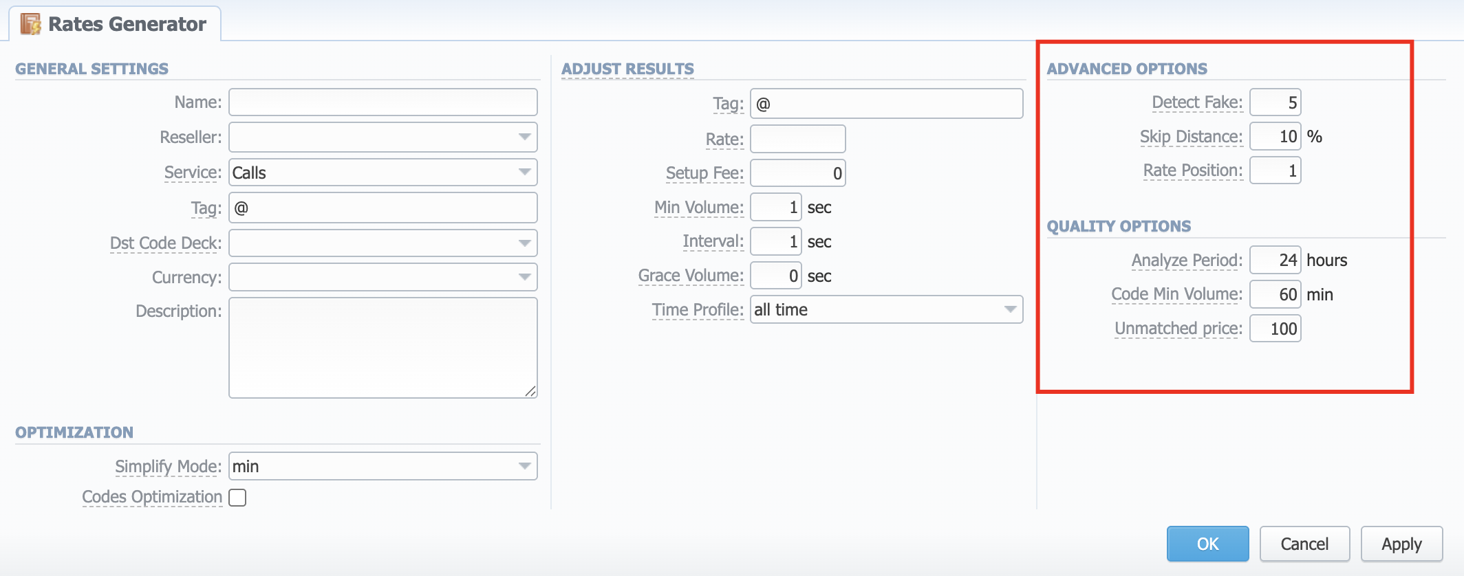 Advanced and Quality Options information block