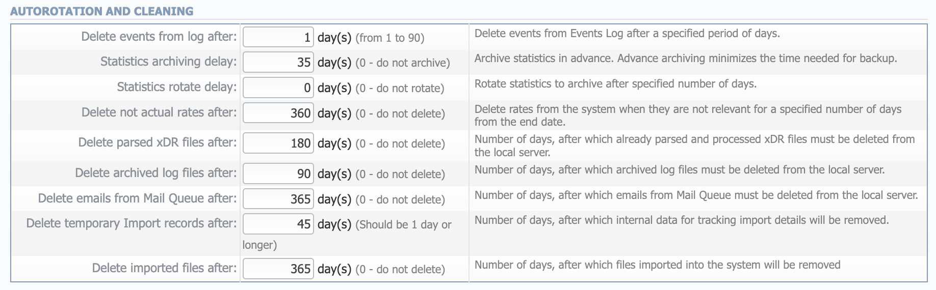 Autorotation and Cleaning settings window